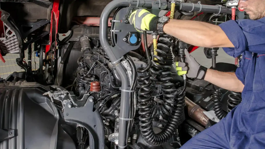 Mechanic working on truck engine parts, handling a coiled hose