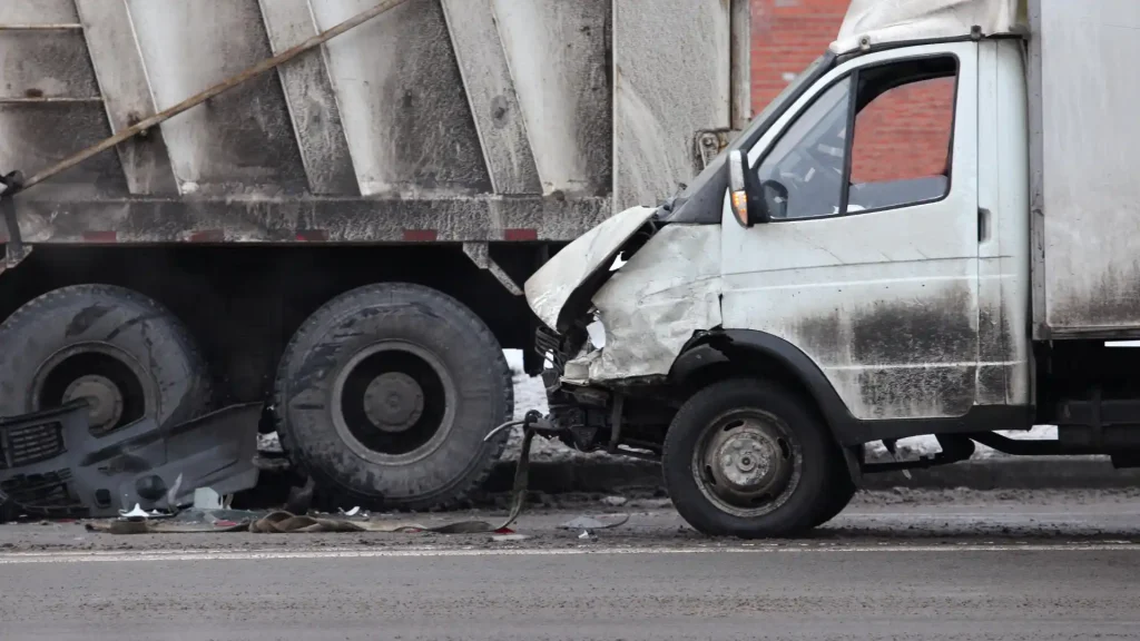 White van with front-end damage after rear-ending a large industrial truck on a city street.